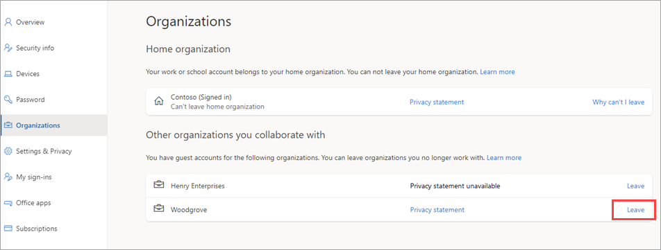 Screenshot showing Leave organization option in the user interface