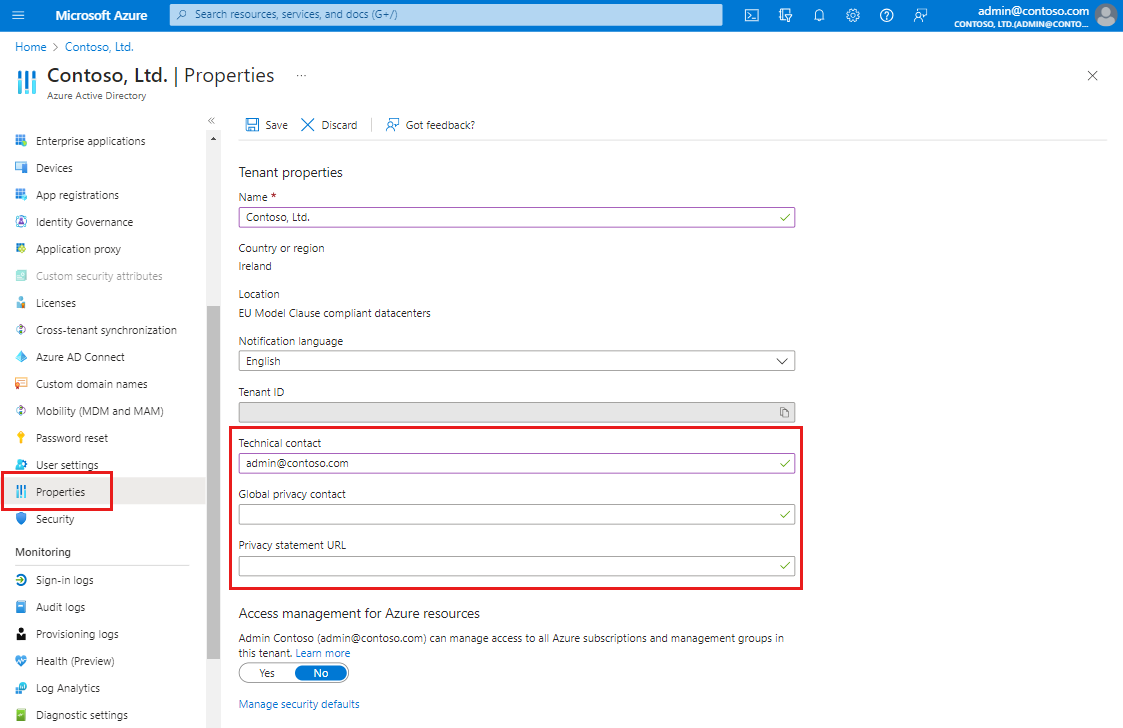 Azure AD Properties area highlighting the privacy info area
