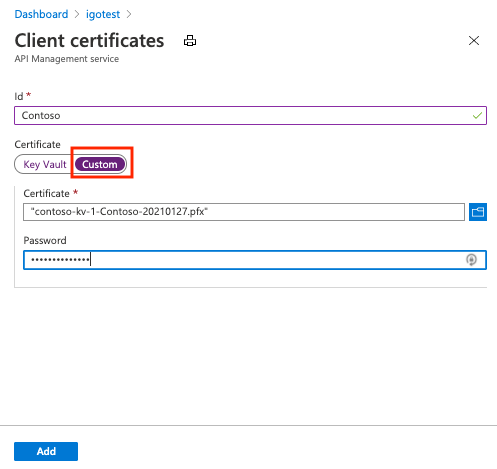 Capture d’écran du chargement d’un certificat client vers le service Gestion des API dans le portail.