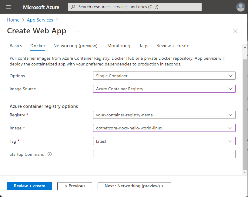 Capture d’écran montrant les options d’Azure Container Registry.