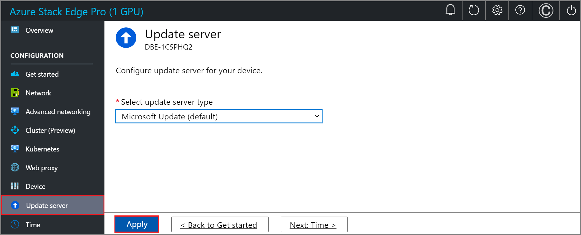 Capture d’écran de la page « Mettre à jour le serveur » de l’interface utilisateur web locale.