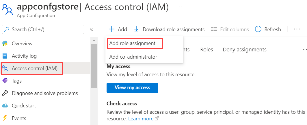 Screenshot that shows the Access control (IAM) page with Add role assignment menu open.