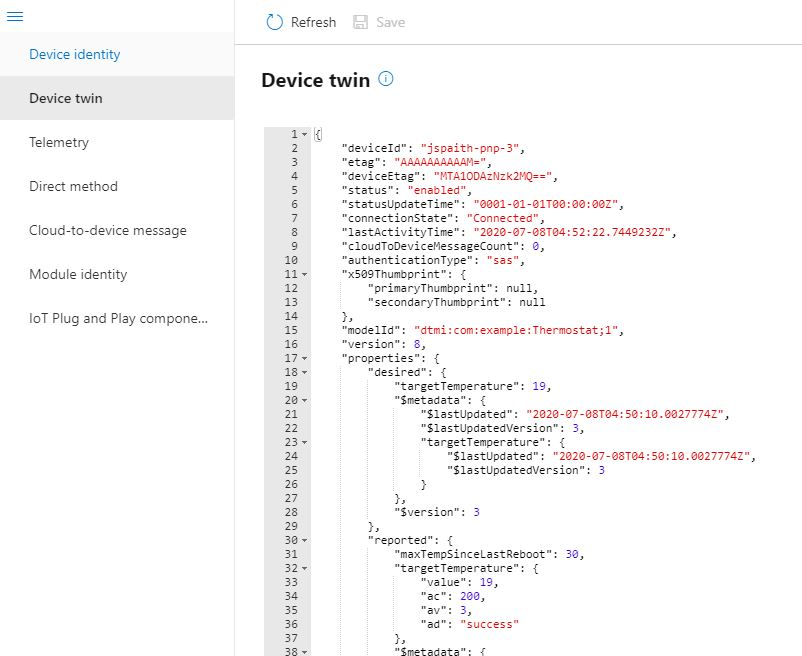 Capture d’écran de l’outil Azure IoT Explorer qui montre l’ID de modèle dans une propriété de jumeau numérique.
