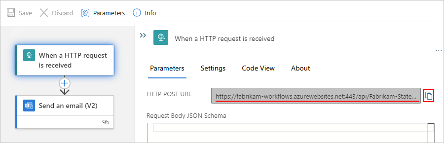 Capture d’écran montrant le concepteur avec le déclencheur Requête et l’URL du point de terminaison dans la propriété « HTTP POST URL ».