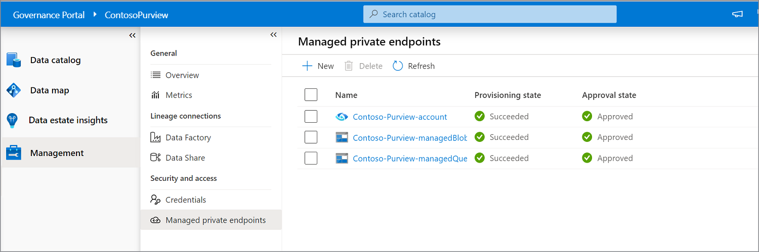 Capture d’écran montrant des points de terminaison privés managés dans Microsoft Purview - approuvé 