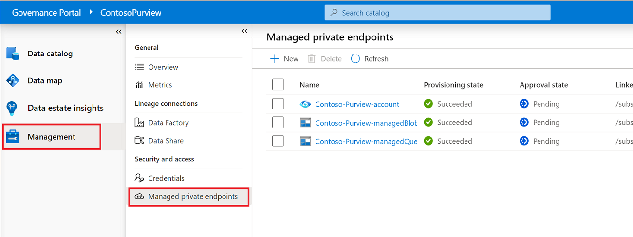 Capture d’écran montrant des points de terminaison privés managés dans Microsoft Purview