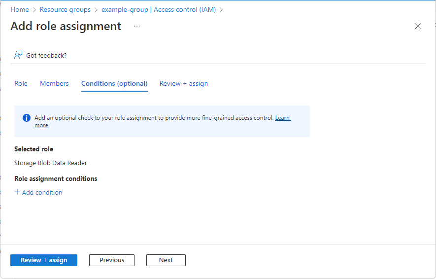 Screenshot of Add role assignment page with Add condition tab.