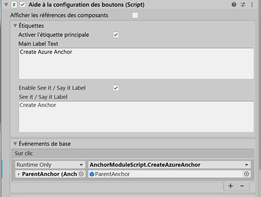 Screenshot of Unity with the CreateAzureAnchor button's OnClick event configured.