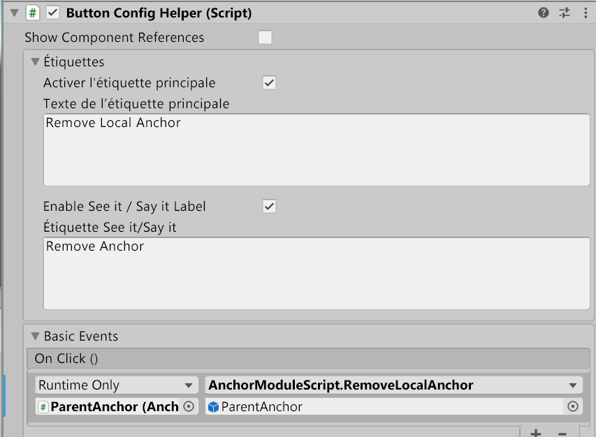Screenshot of Unity with the RemoveLocalAnchor button's OnClick event configured.
