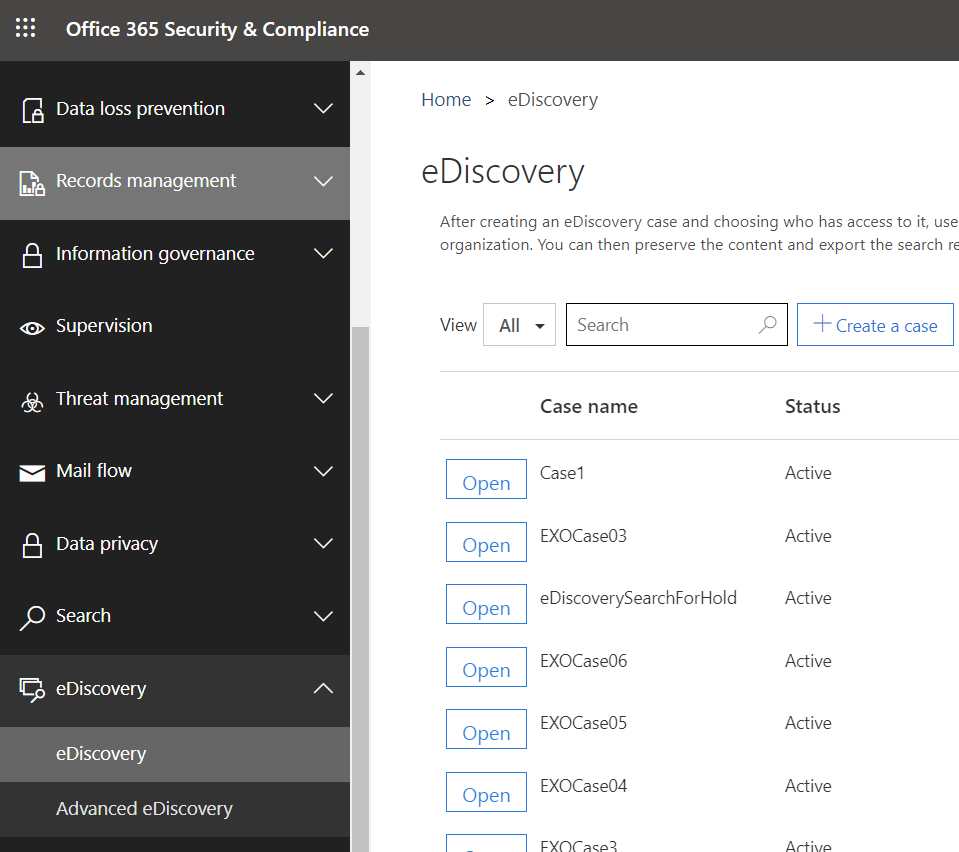 Microsoft Teams’onglet eDiscovery est sélectionné, affichant le bouton Créer un cas.