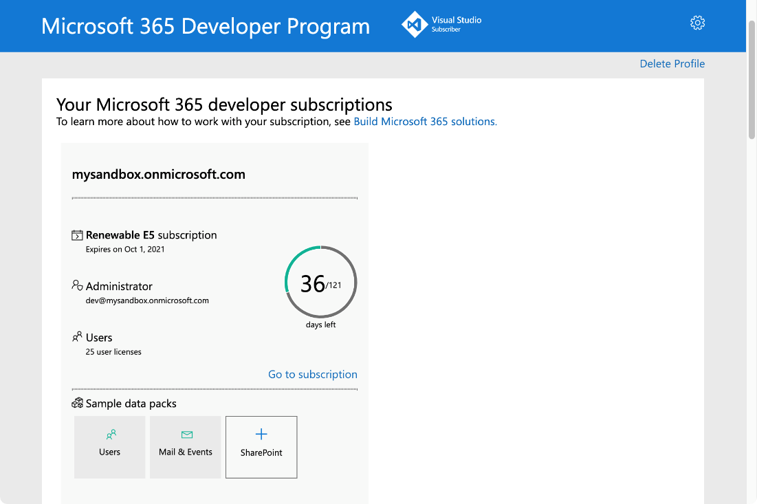 Capture d’écran du Programme pour les développeurs Microsoft 365 affichant vos abonnements de développeur Microsoft 365 pour l’application blazor.