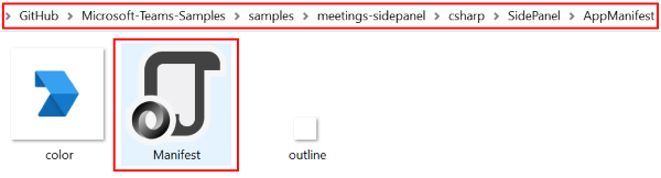 Capture d’écran du dossier manifeste de l’application Teams avec le chemin d’accès et le fichier manifeste mis en évidence en rouge.