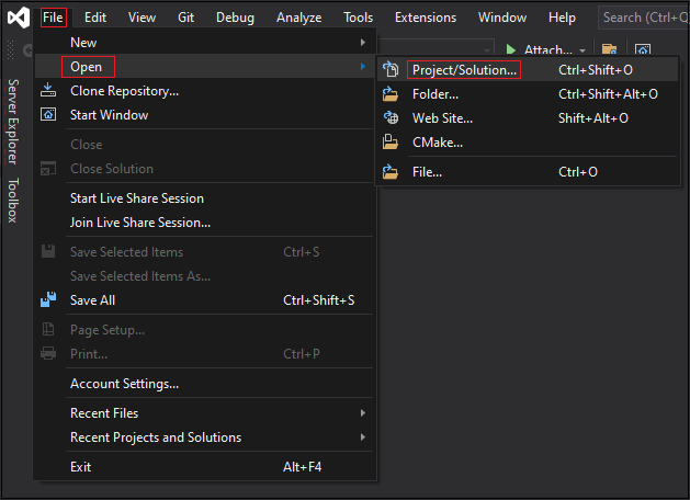 Capture d’écran montrant Visual Studio avec le fichier, l’ouverture et le projet/solution mis en évidence en rouge.
