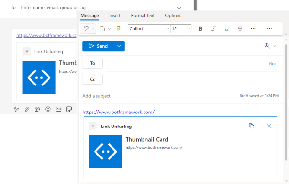 La capture d’écran est un exemple qui montre un déploiement de lien en cours d’exécution dans Outlook et Teams.
