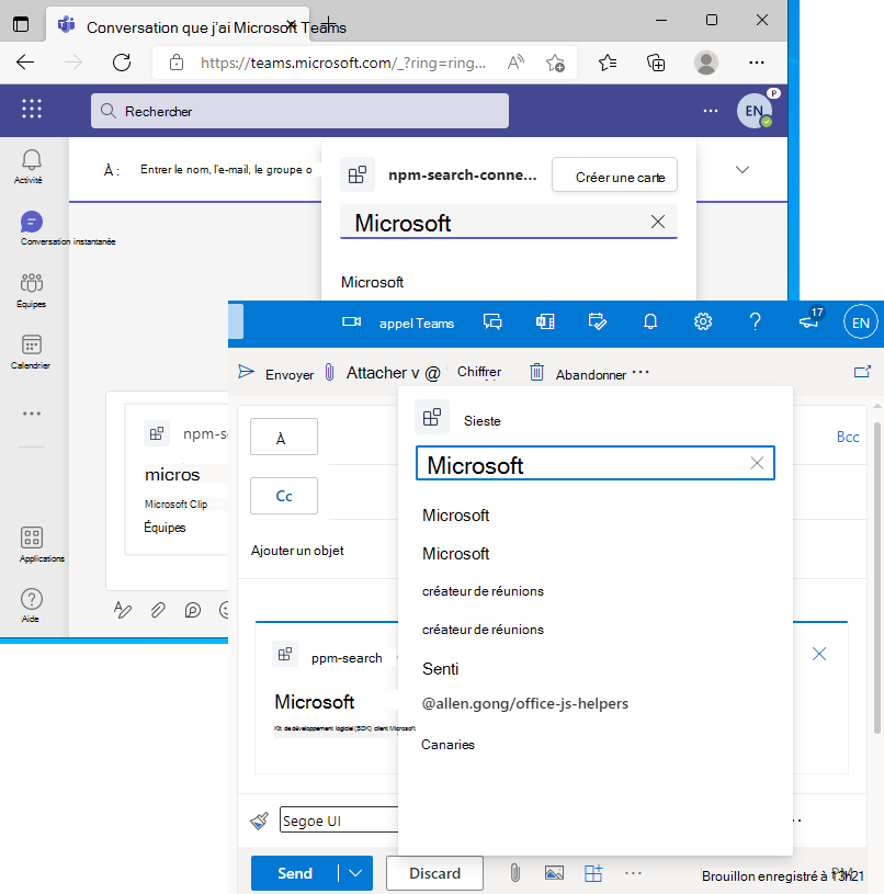 La capture d’écran est un exemple montrant l’extension message en cours d’exécution dans Outlook et Teams.