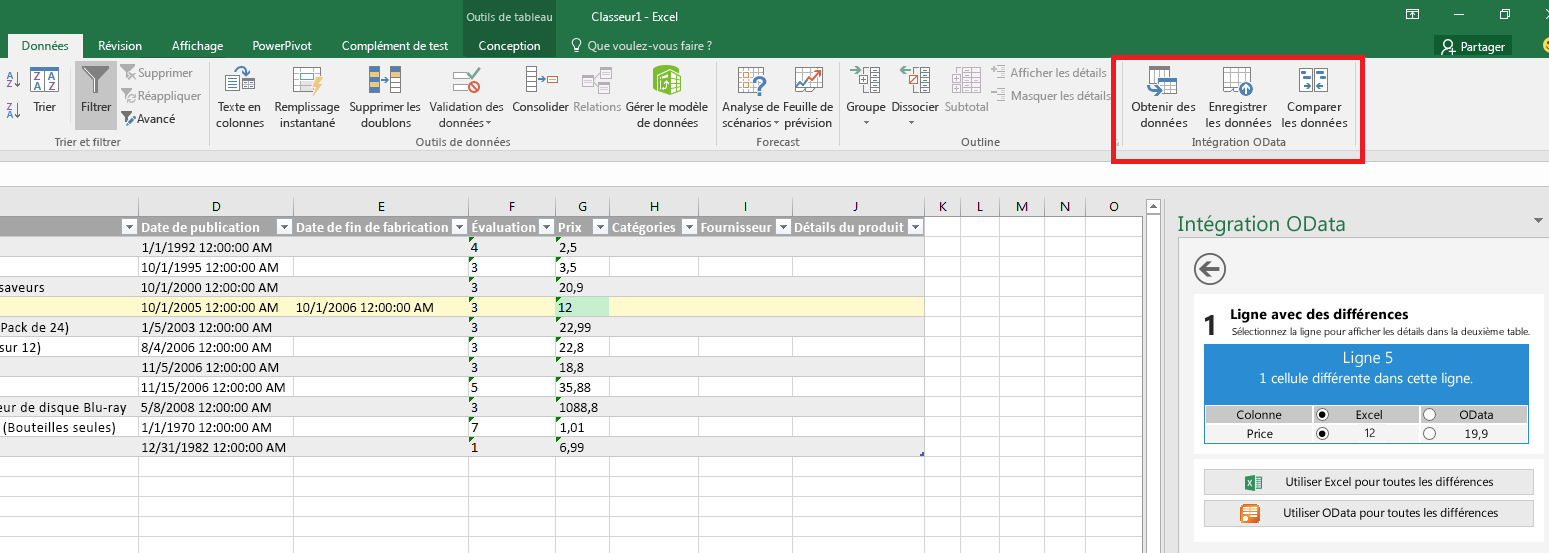 Exemples de commandes de complément mises en évidence dans le ruban Excel.
