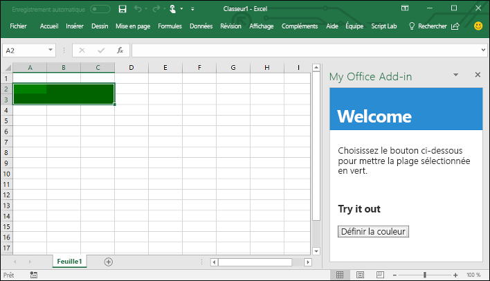 Le volet Office du complément s’ouvre dans Excel.