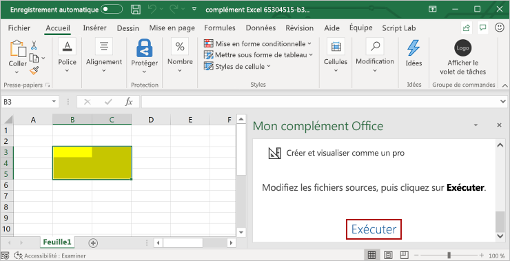 Le volet des tâches du module complémentaire s'ouvre dans Excel, et le bouton Exécuter est mis en évidence dans le volet des tâches du module complémentaire.