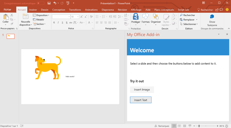 PowerPoint avec l’image d’un chien et le texte « Hello World » sur la diapositive.