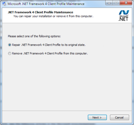 Screenshot to select the Next option after selecting the Repair .NET Framework 4 Client Profile to its original state option.