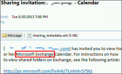 Capture dʼécran du contenu dʼun calendrier partagé avec Microsoft Exchange sʼaffichant avant le nom du calendrier partagé.