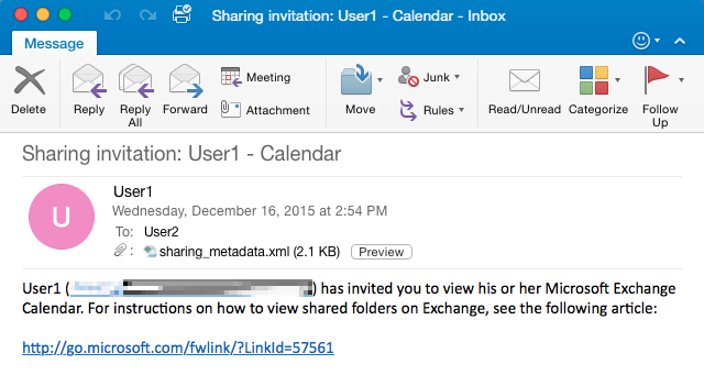 Capture dʼécran montrant lʼinvitation de partage dans Outlook 2016 pour Mac.