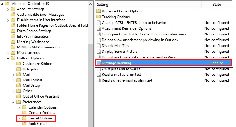 Capture d’écran de l’option de stratégie pour Outlook 2013.