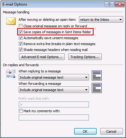 Capture dʼécran montrant les étapes à suivre pour activer lʼoption « Enregistrer une copie des messages dans le dossier Éléments envoyés » dans Outlook 2007.