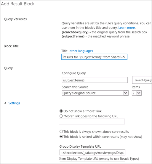 Capture d’écran de la boîte de dialogue Ajouter un bloc de résultats dans SharePoint Server 2013