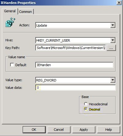 Capture d’écran des paramètres du Registre dans IEHarden Fenêtre Propriétés.