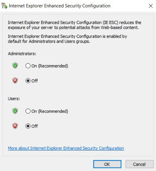 Capture d’écran de la fenêtre Configuration de la sécurité renforcée d’Internet Explorer. L’option Off est sélectionnée.