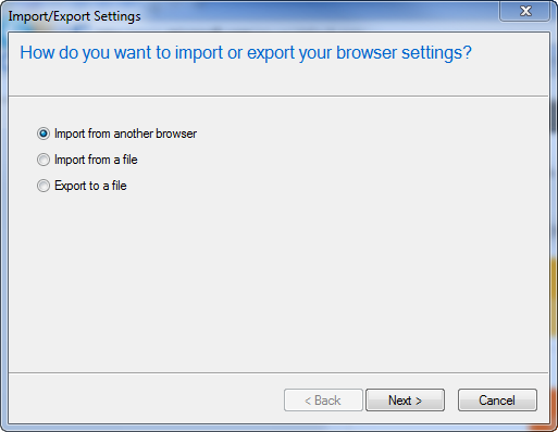 Capture d’écran de la fenêtre Paramètres d’importation ou d’exportation, où l’option Importer à partir d’un autre navigateur est sélectionnée.