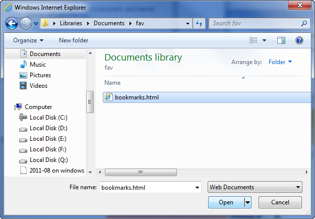 Capture d’écran de la bibliothèque de documents, où le fichier bookmarks.html est répertorié.