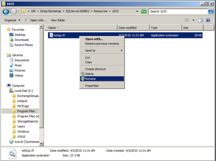 Capture d’écran montrant l’option Renommer de Setup.rll dans Windows Explorer.