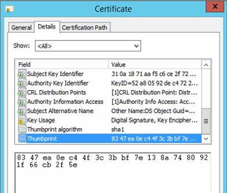 Exemple de l’empreinte numérique du certificat dans les propriétés du certificat.