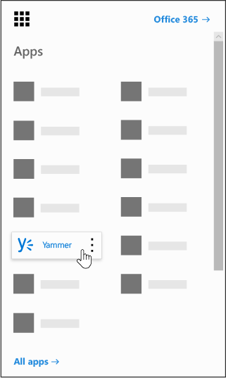 Le lanceur Office 365'application avec l’Yammer en surbrillant.
