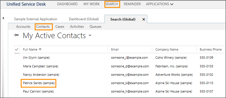Liste des contacts dans Unified Service Desk.