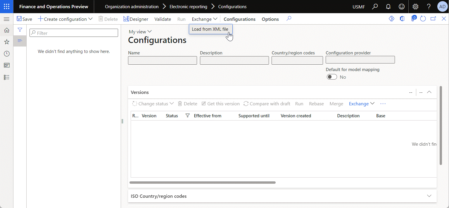 Importation de la version de configuration du format ER sur la page référentiel de configuration.