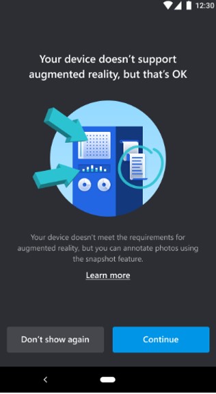 Capture d’écran montrant Dynamics 365 Remote Assist sur un appareil mobile, avec la notification « Votre appareil ne prend pas en charge la réalité augmentée, mais ce n’est pas un problème ».