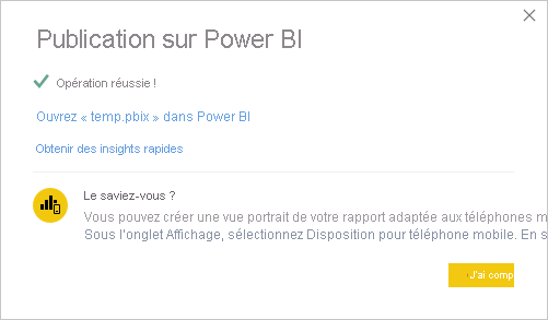 Capture d’écran du message de réussite Publication sur Power BI.