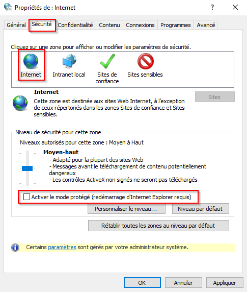 Capture d’écran de l’onglet Sécurité dans les options Internet Explorer.