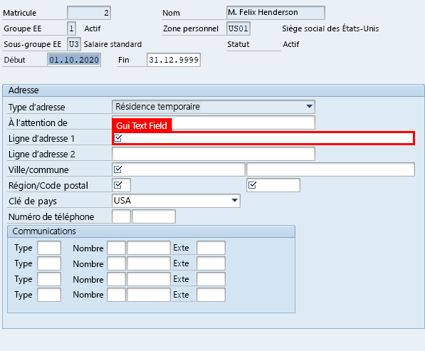 Capture d’écran de la fenêtre Créer des adresses dans SAP Easy Access avec mise en surbrillance du champ Ligne d’adresse 1 dans la zone Adresse.