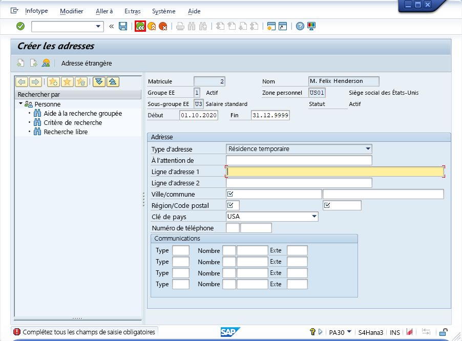 Capture d’écran de la fenêtre Créer des adresses dans SAP Easy Access avec le bouton Précédent mis en surbrillance.