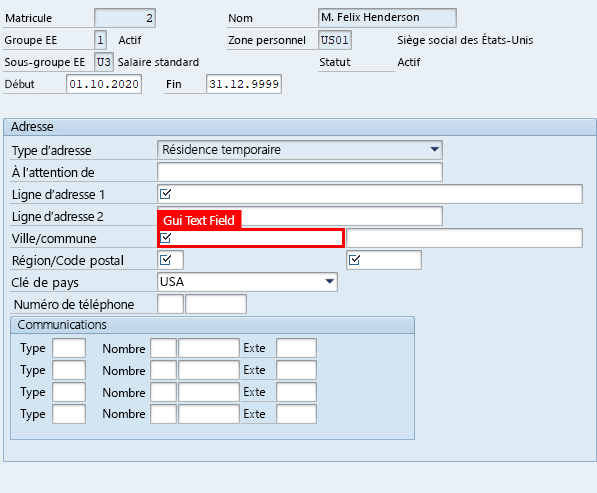 Capture d’écran de la fenêtre Créer des adresses dans SAP Easy Access avec mise en surbrillance du champ Ville dans la zone Adresse.