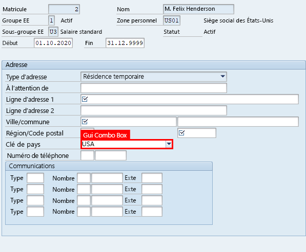 Capture d’écran de la fenêtre Créer des adresses dans SAP Easy Access avec mise en surbrillance du champ Code pays dans la zone Adresse.