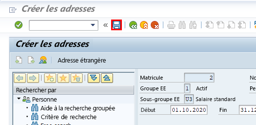 Capture d’écran de la fenêtre Créer des adresses dans SAP Easy Access avec mise en surbrillance du bouton Enregistrer.