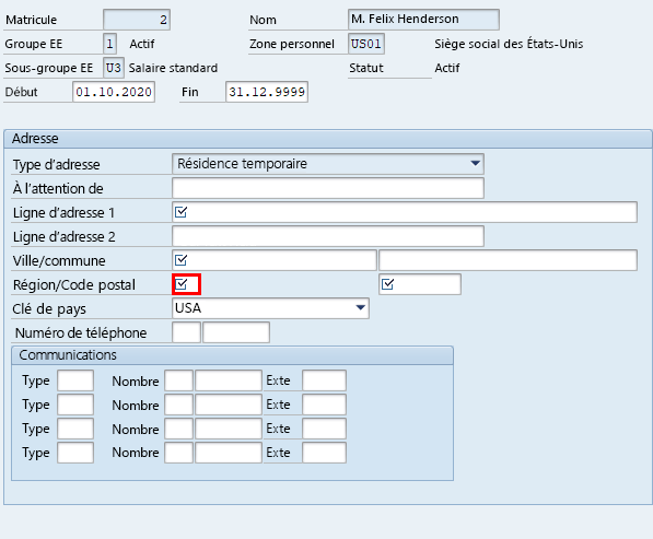 Capture d’écran de la fenêtre Créer des adresses dans SAP Easy Access avec mise en surbrillance du champ État dans la zone Adresse.