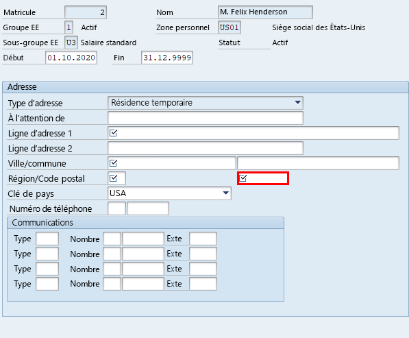 Capture d’écran de la fenêtre Créer des adresses dans SAP Easy Access avec mise en surbrillance du champ Code postal dans la zone Adresse.