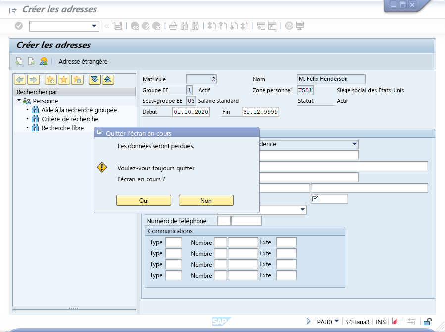 Capture d’écran de la boîte de message Les données seront perdues dans la fenêtre Créer des adresses dans SAP Easy Access.