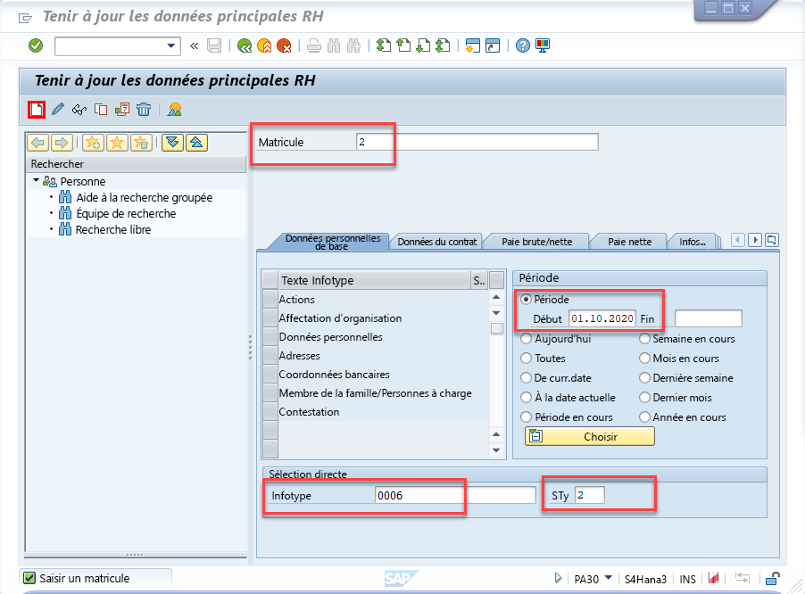 Capture d’écran de la fenêtre Maintenir les données de base des RH dans SAP Easy Access.